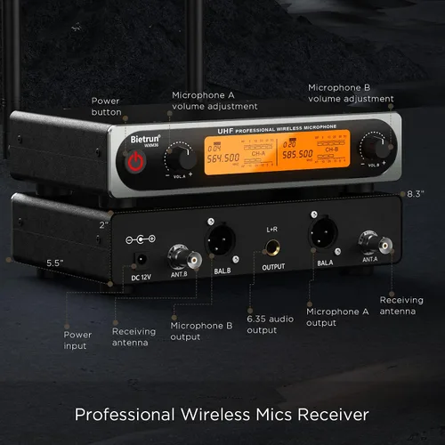 Vista 6 de Bietrun - Sistema de micrófono inalámbrico XLR, rango de 165 pies, micrófono de mano dinámico de metal dual UHF profesional inalámbrico con cable