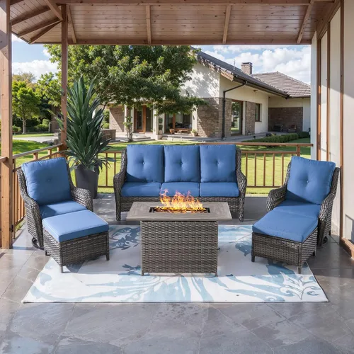 Vista 80 de HUMMUH Juego de 2 Sillas Giratorias Mecedoras de Mimbre para Patio Exterior, Juego de Muebles de Sillas Mecedoras de Ratán (Marrón, Azul) 50,000