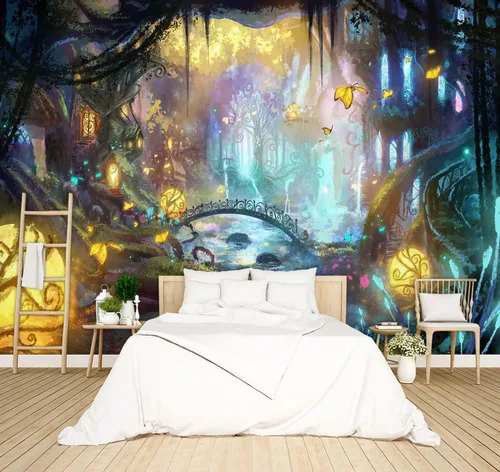 Vista 9 de Hermoso papel pintado de naturaleza verde con bosque grande, árbol gigante, paisajes de la jungla, murales de escenas de dormitorio, decoración
