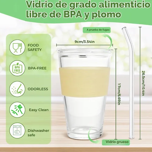 Vista 7 de Birity Vasos de vidrio de 16 onzas con tapas y popotes, vaso de vidrio con popote y tapa, tazas de café helado reutilizables para té, jugo