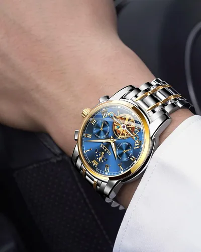 Vista 4 de OLEVS Relojes automáticos para hombre diseño de esqueleto Tourbillon cuerda automática reloj de pulsera de lujo fase lunar fecha impermeable