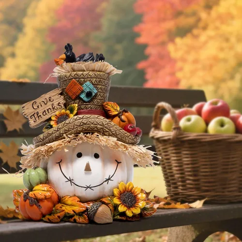 Vista 7 de Hodao Decoraciones de calabaza de Acción de Gracias, figura de resina de otoño con sombrero de paja, pájaros, bellotas y girasoles, letrero