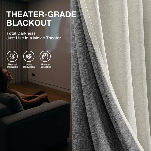 Vista 7 de Rinwoc - Cortinas 100% opacas para dormitorio, cortinas con aislamiento térmico de 1.6 m de longitud, 2 paneles, lino texturizado de estilo granja