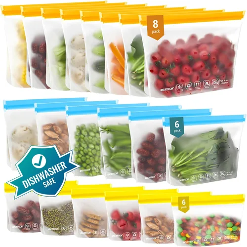 Vista 11 de IDEATECH Paquete de 12 bolsas de almacenamiento de alimentos aptas para lavavajillas, bolsas de congelador sin BPA, bolsas reutilizables
