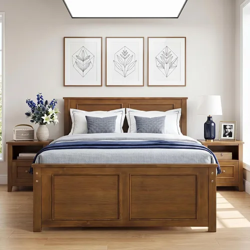 Vista 9 de KOMFOTT Twin Size Bed Frame, Farmhouse Wooden Platform Bed with Headboard Nogal
