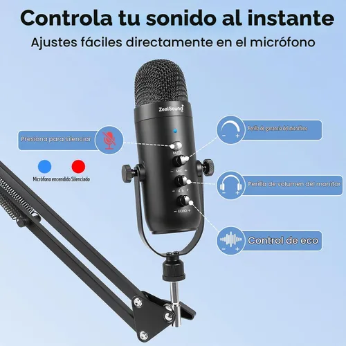 Vista 4 de ZealSound - Micrófono para podcast con brazo de brazo, micrófono USB con reducción de ruido, silencio, eco y control de volumen, monitoreo