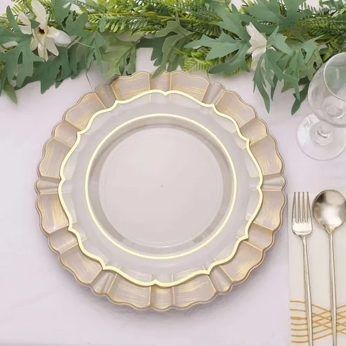 Vista 13 de Efavormart Paquete de 6 Cargadores de Platos de Cena de Plástico Acrílico Beige de 13" con Borde Festoneado Ondulado Cepillado en Dorado