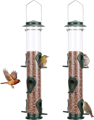 Vista 14 de MIXXIDEA 1PK Alimentadores de pájaros metálicos con 6 puertos de alimentación, alimentador de pájaros de tubo con colgador de acero, alimentador