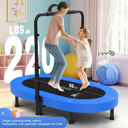 Vista 5 de ANCHEER Mini trampolín doble de 56 pulgadas para niños, mini rebote con mango ajustable de 5 niveles, trampolín para padres e hijos para niños