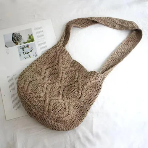 Vista 2 de Bolso cruzado estético de ganchillo para mujer, bolso de mano de punto Y2K, bolsa de compras de moda, Caqui