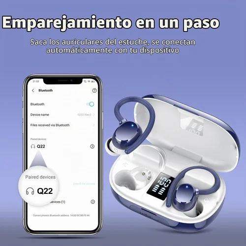 Vista 5 de hadbleng Auriculares inalámbricos con Bluetooth con pantalla digital LED de 128 horas de reproducción, gancho sobre la oreja con micrófono, sonido