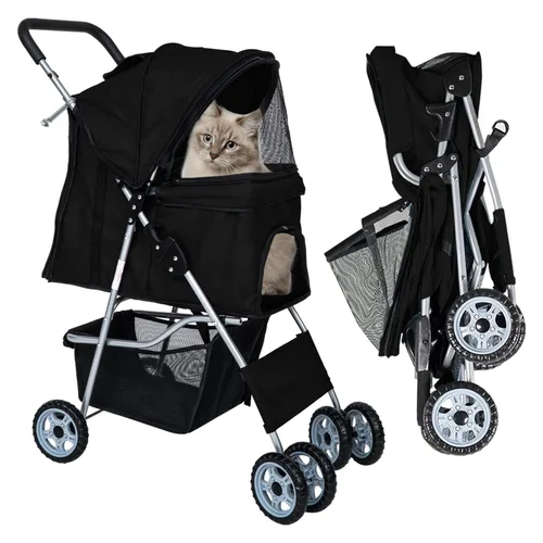 Vista 8 de Cochecito para perros pequeños, cochecito para mascotas, carrito plegable, ligero, impermeable, con cesta de almacenamiento para cachorros, perros