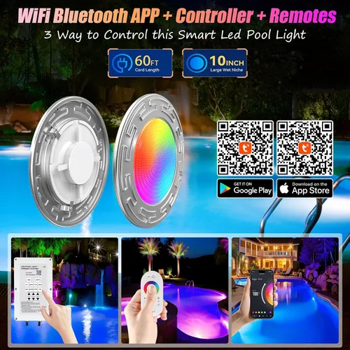 Vista 2 de Luces de piscina LED WiFi Spa de 60 pies y 6 pulgadas para piscina enterrada con triple control (control remoto/aplicación/controlador), luz