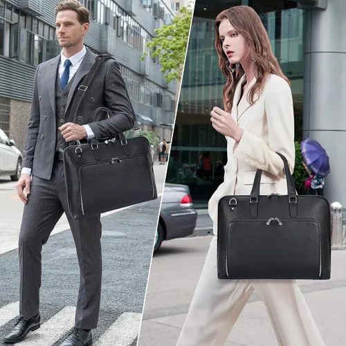 Vista 2 de Masa Kawa Maletín delgado de cuero negro para hombres y mujeres, se adapta a portátiles de 15.6 a 16 pulgadas, bolsa cruzada profesional