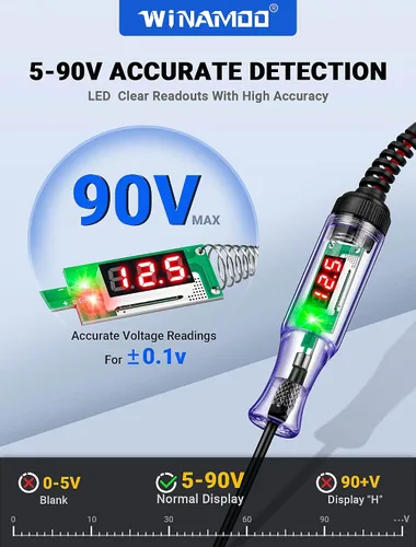Vista 2 de WINAMOO Probador de Luz de Prueba Automotriz de 5-90V Probador de Circuito LED Digital con Pantalla de Voltaje, Probador de Voltaje Bidireccional