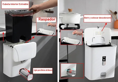 Vista 2 de Sooyee Bote de basura con tapa, cubo de basura pequeño de 2.4 galones, contenedor de plástico para abono colgante o de pie para Blanco