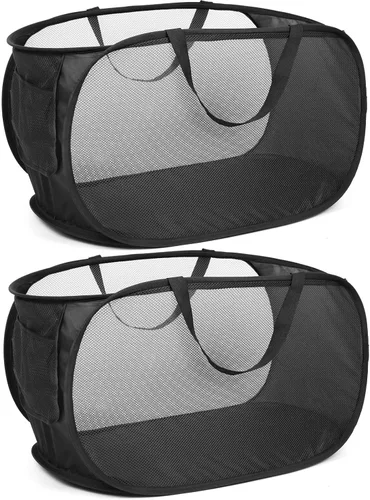 Vista 16 de Cestas de lavandería plegables duraderas, cesta de lavandería desplegable de malla con bolsillo lateral, cesta de ropa plegable con asas