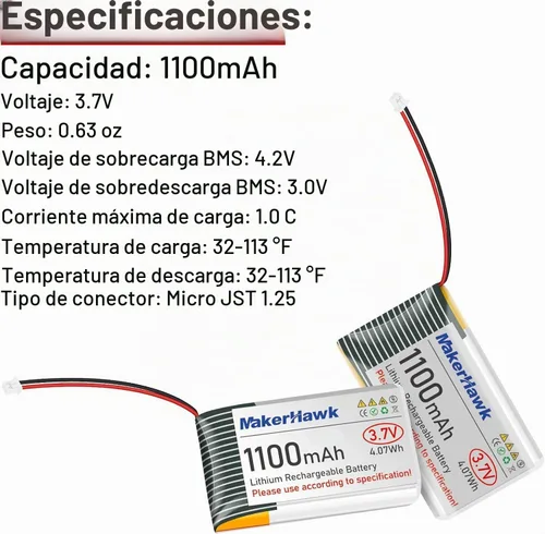Vista 3 de MakerHawk Batería LiPo de 3.7 V 1100 mAh recargable 1S 102540 Batería de polímero de litio con placa de protección cinta de goma aislada, enchufe