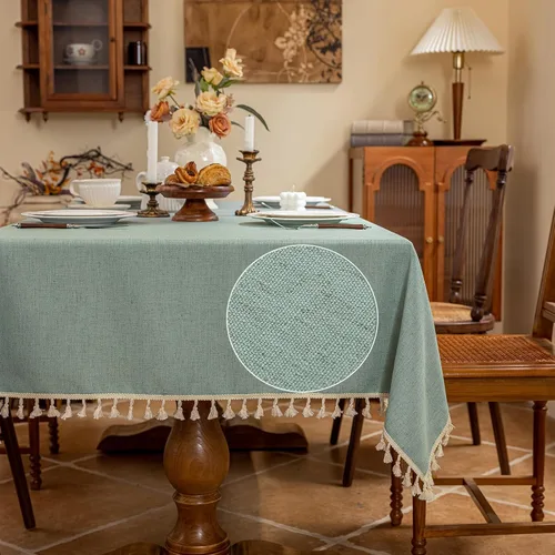 Vista 13 de AmHoo Mantel de mezcla de lino, mantel rectangular de 7.12 oz/m² con costuras y borlas para cocina, comedor, boda, bufé, 55 x 55 pulgadas