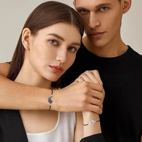Vista 5 de Yin Yang - Pulsera de plata de ley 925 para parejas, árbol de la vida, luna de sol, montaña, abulón de loto, joyería para mujeres, hombres, parejas