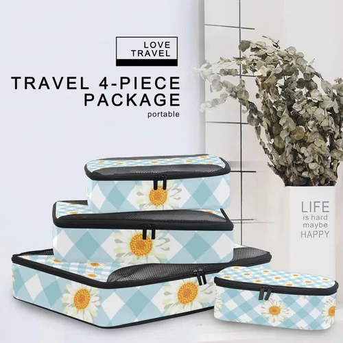 Vista 7 de Juego de 4 cubos de equipaje de viaje, juego de organizadores de equipaje para hombres y mujeres, margaritas florales a cuadros