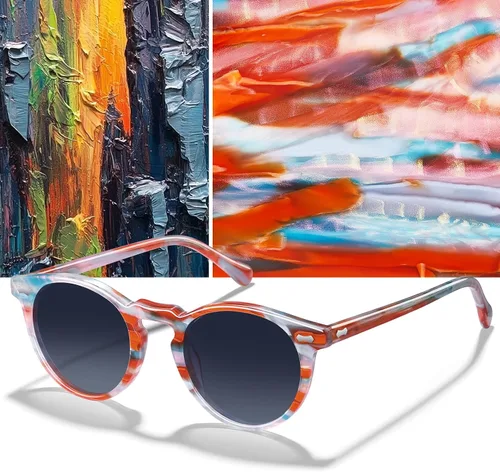Vista 65 de CARFIA Gafas de sol polarizadas de acetato redondo para mujer, protección UV de cara pequeña con funda de cuero CA5288