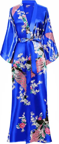 Vista 10 de BABEYOND Bata tipo kimono para mujer, bata larga de satén con estampado de pavo real y flores Verde