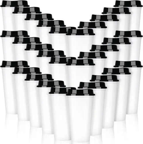 Vista 7 de Domensi Paquete de 15 tazas de café reutilizables con tapas, vasos de viaje desechables de 16 onzas, vasos de plástico a granel para llevar, vasos