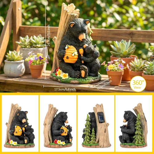 Vista 4 de Candieslife Estatua de jardín de oso solar con colmena brillante y cachorro, figura LED para exteriores, decoración para patio, césped, arte