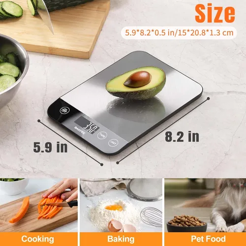 Vista 5 de Báscula digital de cocina de 33 libras, báscula de alimentos recargable con acero inoxidable, gramos y onzas, carga USB, 0.04 oz de alta precisión