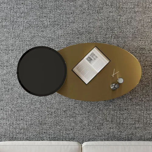 Vista 2 de Mesa auxiliar giratoria ovalada dorada, mesa central de lujo moderna de 2 niveles con parte superior redonda giratoria de 360°, mesa de té con base
