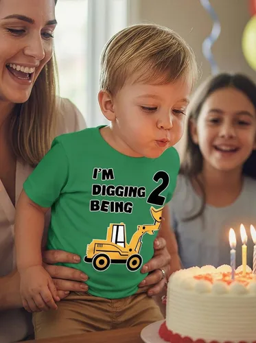 Vista 2 de Tstars Conjunto de construcción de segundo cumpleaños para niños pequeños – Camiseta I'm Digging Being 2 – Bulldozer Digger Truck Tee Manga regular