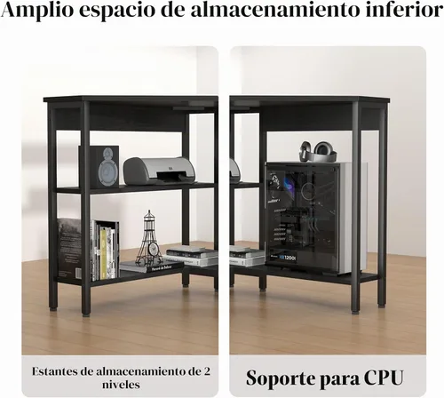 Vista 5 de Escritorio esquinero triangular con tomas de corriente, estantes de almacenamiento para espacio pequeño 90 Degree Corner Table with CPU Stand
