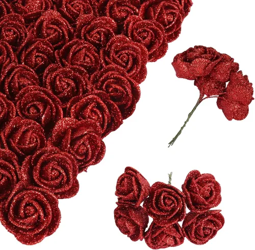 Vista 16 de Ramo de rosas negras con purpurina, 72 piezas de rosas artificiales de espuma con tallos para bricolaje, boda, hogar, fiesta, Navidad, Halloween 72