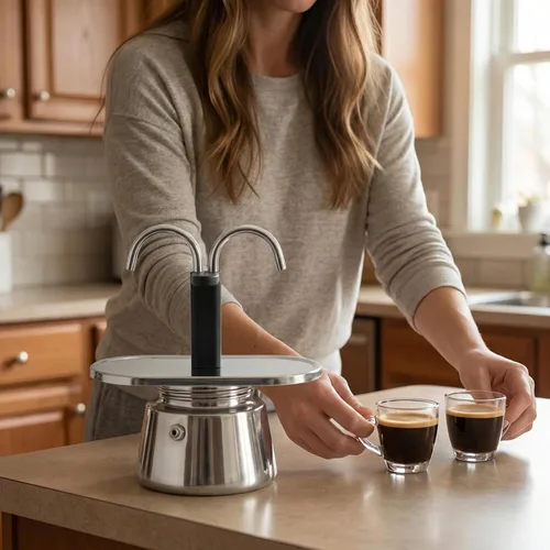 Vista 2 de Moka Pot, 2 tazas de 3.4 fl oz de capacidad, duradera y segura para alimentos, cafetera espresso con doble tubo y colador antideslizante grueso