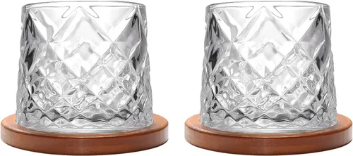 Vista 9 de Vaso de vidrio antiguo giratorio, 275ml/10oz Juego de vasos de whisky de cristal de 2 piezas, posavasos de madera, engrosamiento, utilizado como