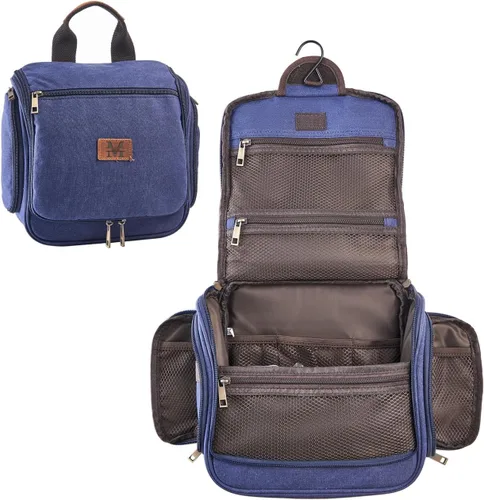 Vista 8 de Neceser de lona colgante organizador de maquillaje con gancho de metal resistente, kit de afeitado de viaje, bolsa de cosméticos portátil a granel