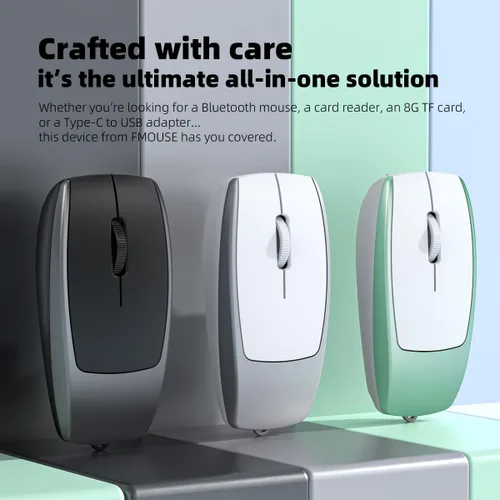 Vista 6 de FMOUSE Mini 2-en-1 Ratón Inalámbrico Bluetooth y Lector de Tarjetas TF - Tarjeta TF de 8 GB Incluida, Adaptador de Type-C a USB, Recargable, Ultra