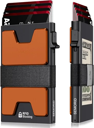 Vista 28 de Cartera delgada de aluminio para hombre, placa trasera expandible duradera, bloqueo RFID, billetera desplegable de metal minimalista, con capacidad