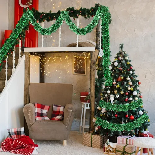 Vista 5 de VESPRO Guirnalda metálica verde para árbol de Navidad de 59 pies con purpurina para decoración de interiores y exteriores