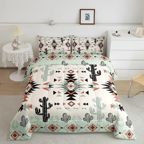 Vista 18 de Manfei Juego de edredón geométrico azteca, tamaño individual, juego de ropa de cama de cactus, vaquera occidental, decoración de habitación de niños