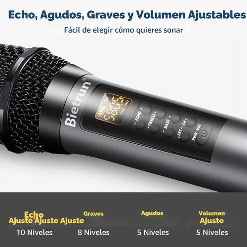 Vista 3 de Micrófono inalámbrico Bietrun con eco/agudos/graves, rango UHF de 160 pies, sistema de micrófono dinámico de mano inalámbrico doble UHF para karaoke