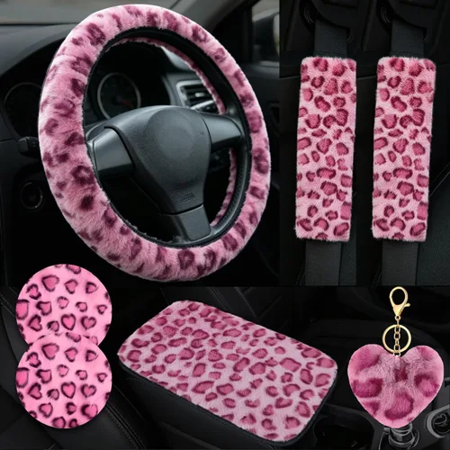 Vista 9 de Funda de volante de leopardo con llavero, protector de volante de piel elástica y mullida, guepardo, accesorios de automóvil para mujeres y niñas