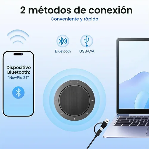 Vista 3 de Altavoz y micrófono de conferencia, micrófonos dual Al con captación de voz de 360° y sonido claro, tiempo de llamada de 10-14 horas, conexión