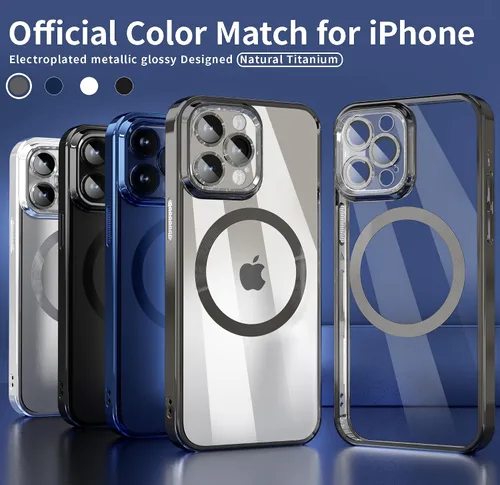 Vista 5 de Funda magnética para iPhone 15 Pro Max galvanizada transparente TPU suave [protección completa del lente de la cámara] imanes N56 que no se