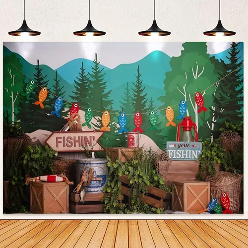 Vista 3 de Fondo de fotografía de pesca con plantas verdes bosque, para niños, fiesta de cumpleaños, pastel, retrato para baby shower, fiesta, accesorios