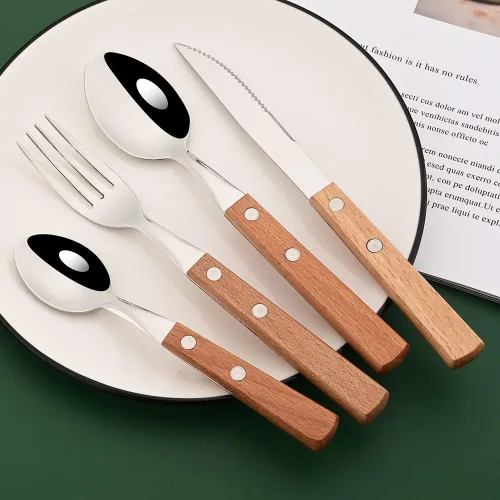 Vista 3 de Juego de cubiertos de 24 piezas con mango de madera, juego de cubiertos de acero inoxidable 304 para el hogar, cocina, restaurante, juego de vajilla