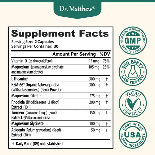 Vista 7 de Suplemento reductor de cortisol y apoyo suprarrenal – Alivio natural del estrés con Ashwagandha KSM-66, glicinato de magnesio y citrato, L-Teanina