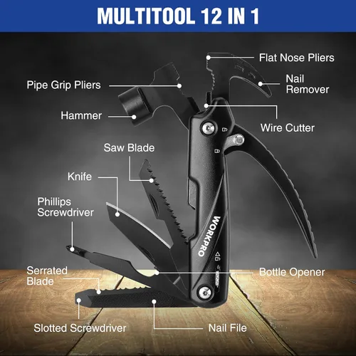 Vista 2 de WORKPRO Multitool-Herramientas de camping 12 en 1 con mini martillo-EDC Gear Multi Herramientas Martillo con bloqueo de seguridad y bolsa, Mini