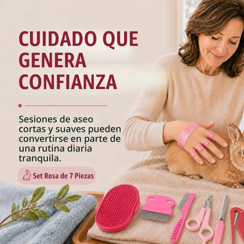 Vista 8 de Kit de aseo de conejo, cepillo de conejo de 7 piezas y cuidado de Rosado